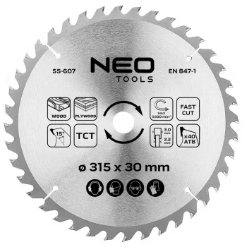 NEO TOOLS 315 mm TCT Circular Saw Blade, 40 Teeth, 30 mm Bore, Wood Cutting