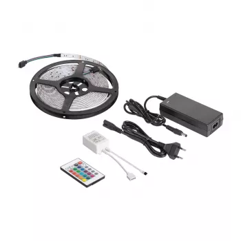 REBEL LED0175-2 5m RGB LED Strip Light Kit with IR Remote, 300 SMD 5050 LEDs, 12V Power Adapter, 16 Million Colors, Dimmable, IP20