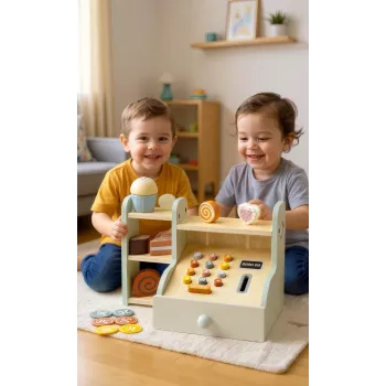 PROMIS Wooden Cash Register for Children – Pretend Play Shop Till with Play Money, Scanner & Credit Card