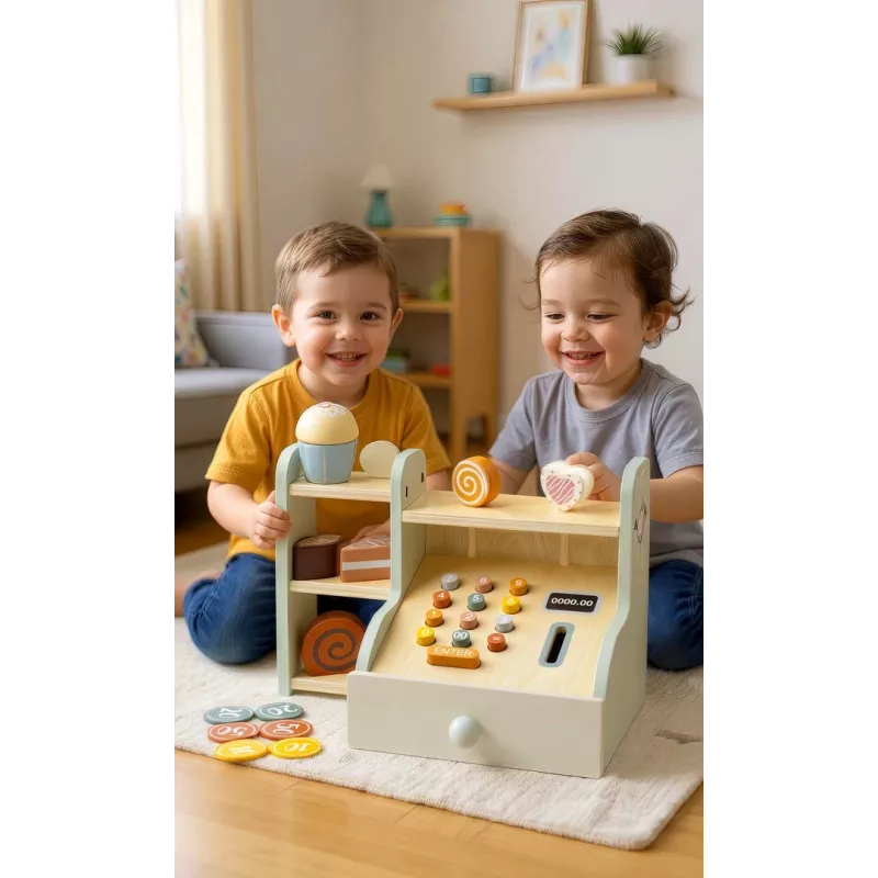 PROMIS Wooden Cash Register for Children – Pretend Play Shop Till with Play Money, Scanner & Credit Card