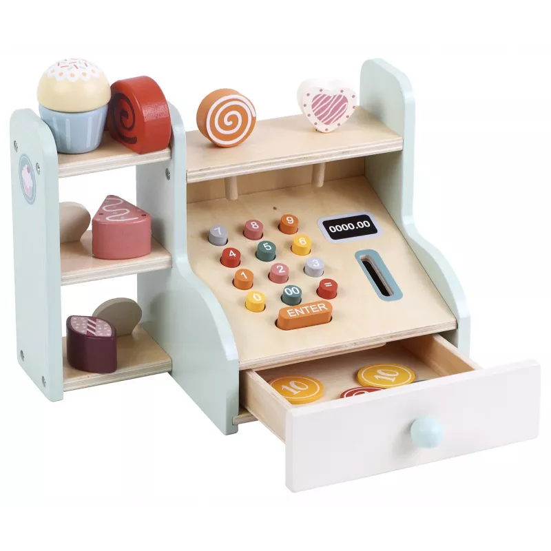 PROMIS Wooden Cash Register for Children – Pretend Play Shop Till with Play Money, Scanner & Credit Card