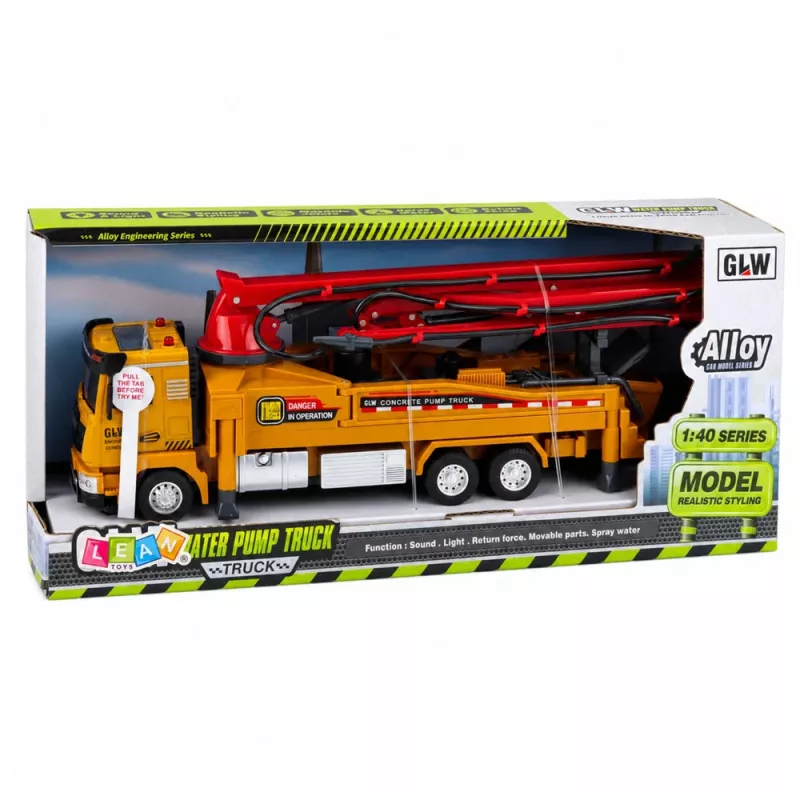 LEAN TOYS Concrete Pump Truck RC Toy with Lights, Sounds, Water Spray, 1:40 Scale