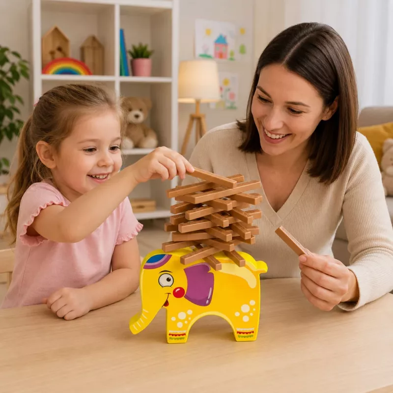 LEAN TOYS Balancing Elephant Skill Game – 61-Piece Stacking Blocks Set for Kids Ages 3+