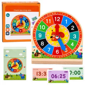 LEAN TOYS Wooden Educational Clock for Learning Hours Movable Hands Cards 55 pcs