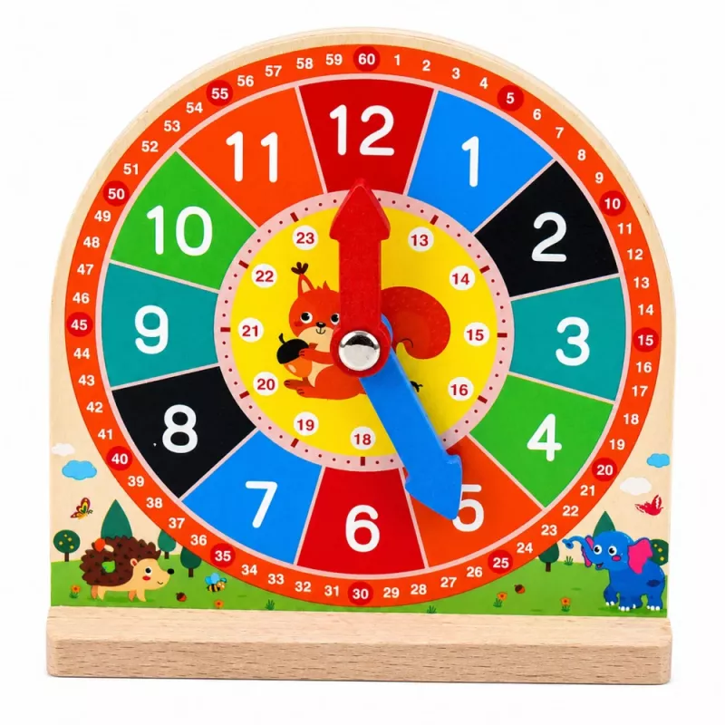 LEAN TOYS Wooden Educational Clock for Learning Hours Movable Hands Cards 55 pcs