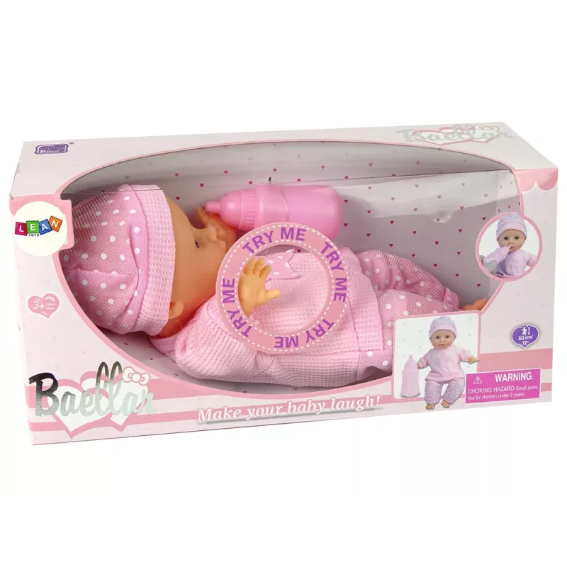 LEAN TOYS Sweet Baby Doll Pink Bottle Sounds Interactive 30cm Baby Doll with Feeding Bottle