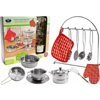 LEAN TOYS 6722 Stainless Steel Pots and Pans Set for Children, 23-Piece Toy Kitchen Cookware with Utensils and Play Food, Silver