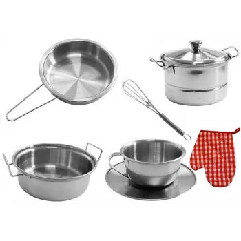 LEAN TOYS 6722 Stainless Steel Pots and Pans Set for Children, 23-Piece Toy Kitchen Cookware with Utensils and Play Food, Silver