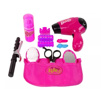 LEAN TOYS Beauty Hairdressing Set Hair Dryer Curling Iron Pink 15-Piece Pretend Play Kit for Kids 3+