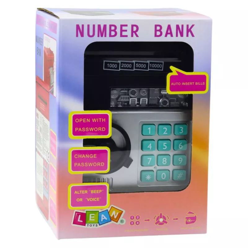 LEAN TOYS ATM Safe Piggy Bank with Lights, Sounds and PIN Code – Black