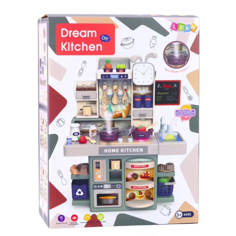 LEAN TOYS Children's Kitchen Playset with Water, Steam, Lights and Sounds, 33 Accessories, Multi-Colour