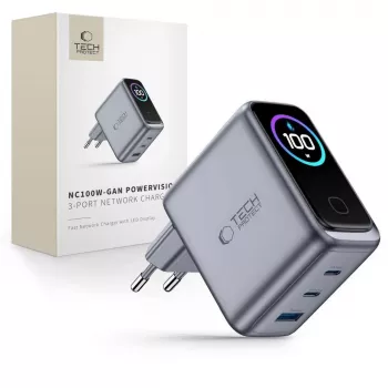 TECH-PROTECT PowerVision NC100W GaN 100W 3-Port USB-C PD & USB-A QC3.0 Wall Charger - Dark Grey