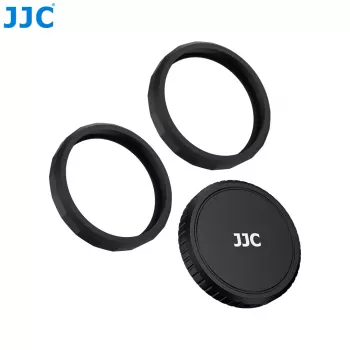 JJC LRR-OA6K2 Lens Cap & Decorative Ring Set for DJI Osmo Action 6 (Black Cap, Red & Blue Rings)