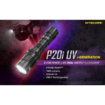 Nitecore NT-P20I-UV Tactical Flashlight with UV Light, 1800 Lumens, USB-C Rechargeable, IP68, Black
