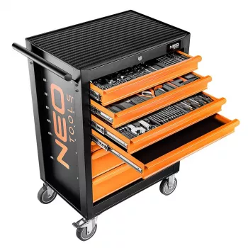 NEO TOOLS 84-222-9 Workshop Cabinet with 7 Drawers and 129-Piece Tool Set, Red/Black, Ball Bearing Slides, Central Lock, 400 kg Capacity