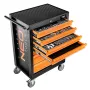 NEO TOOLS 84-222-9 Workshop Cabinet with 7 Drawers and 129-Piece Tool Set, Red/Black, Ball Bearing Slides, Central Lock, 400 kg Capacity