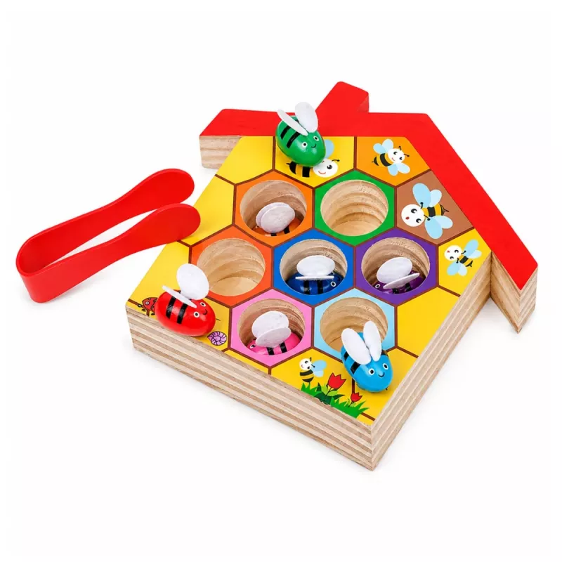 LEAN TOYS Wooden Beehive Dexterity Toy with Tweezers and 6 Bees - Educational Motor Skills Game for Ages 3+