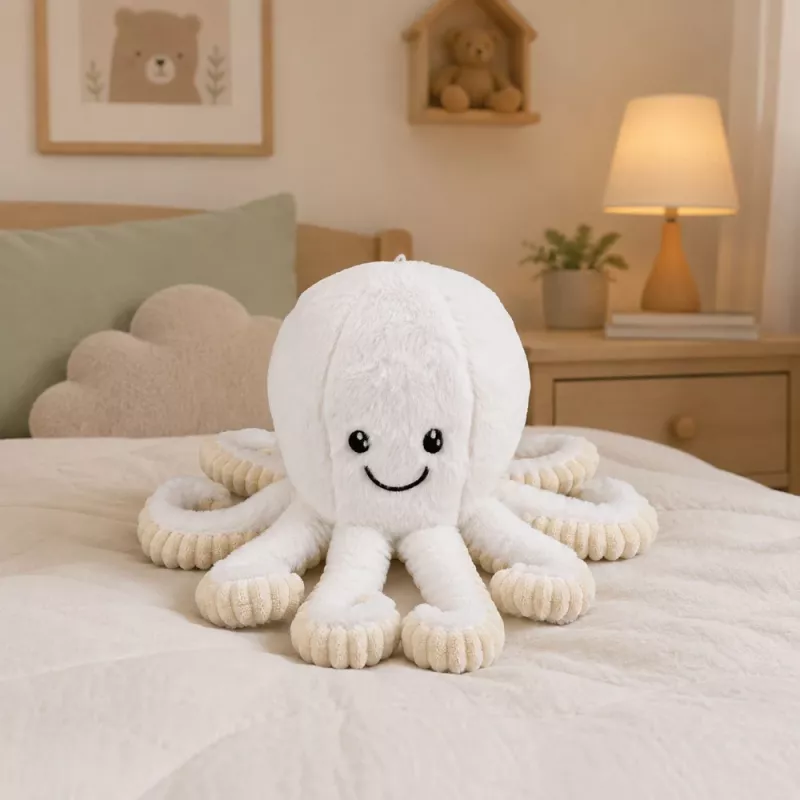 LEAN TOYS Plush Octopus Stuffed Animal with Elastic Tentacles, White, 30 cm