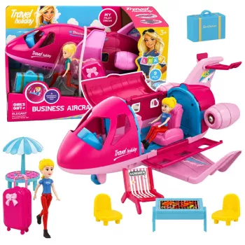 LEAN TOYS Foldable Plane for Dolls Travel Set with 8 Accessories, Pink, 9 Pieces