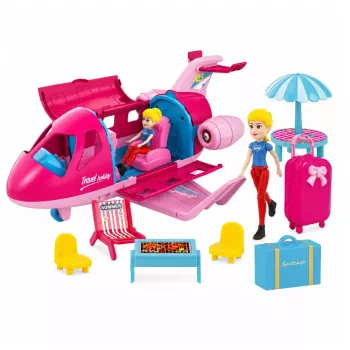 LEAN TOYS Foldable Plane for Dolls Travel Set with 8 Accessories, Pink, 9 Pieces