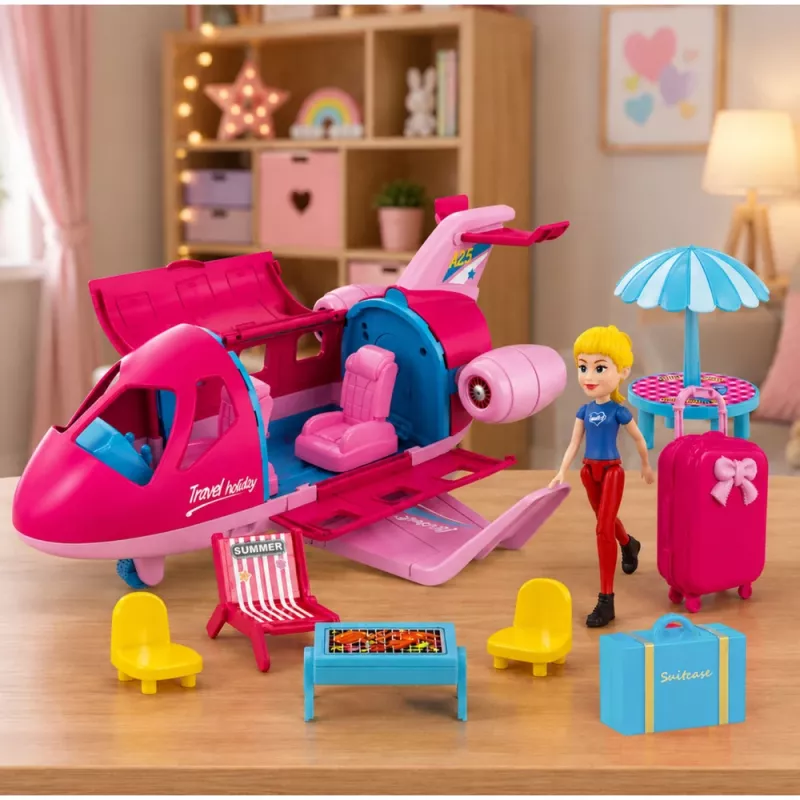 LEAN TOYS Foldable Plane for Dolls Travel Set with 8 Accessories, Pink, 9 Pieces
