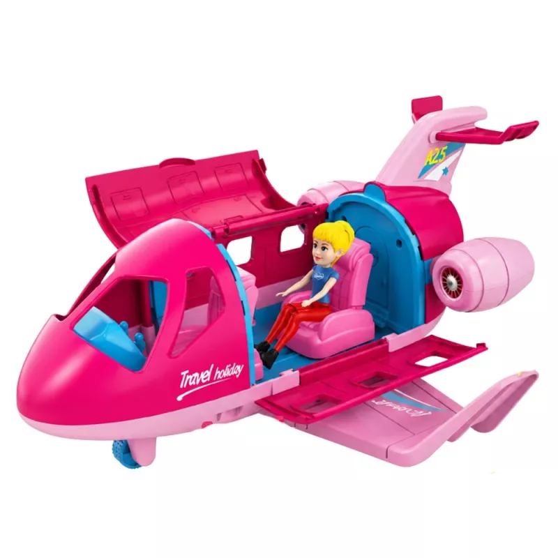 LEAN TOYS Foldable Plane for Dolls Travel Set with 8 Accessories, Pink, 9 Pieces