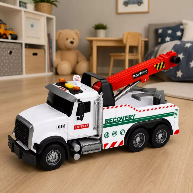 LEAN TOYS Construction Truck with Adjustable Crane Lights Sounds White 1:14