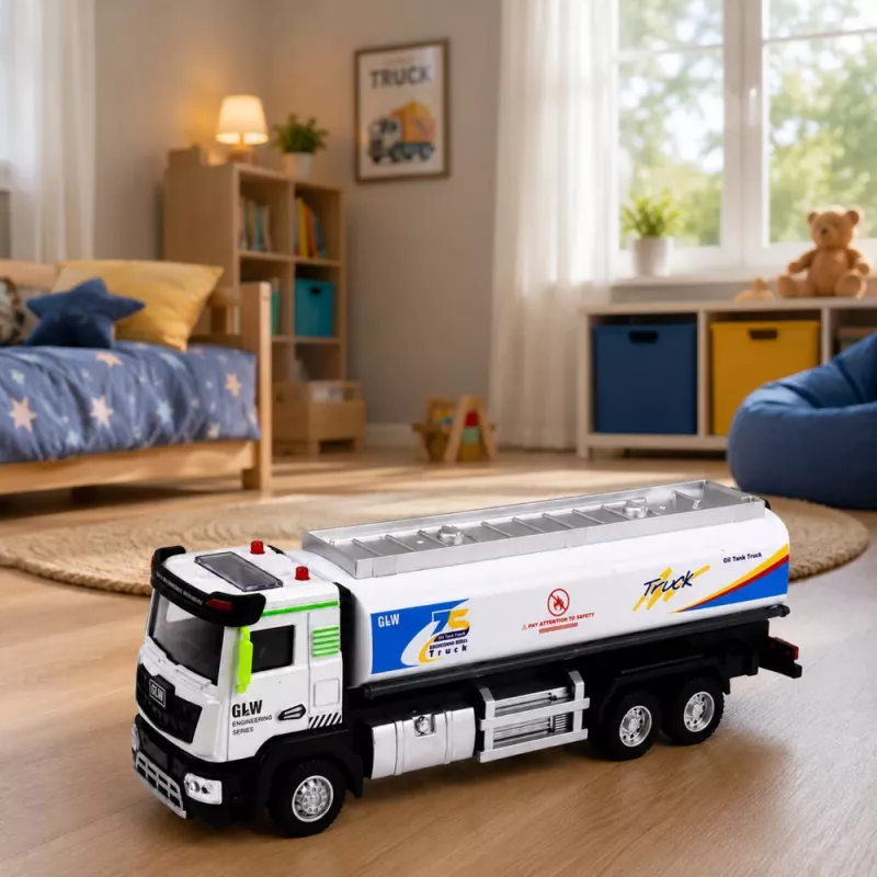 LEAN TOYS Metal Tank Truck with Friction Drive, Lights and Sounds, Blue and White, 1:40 Scale