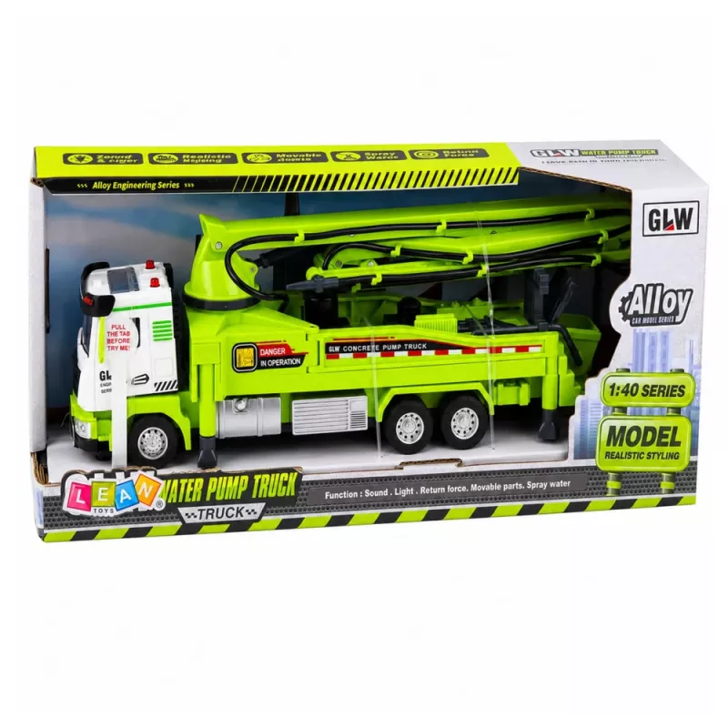 LEAN TOYS Concrete Pump Truck with Lights, Sounds, Water, Drive 1:40