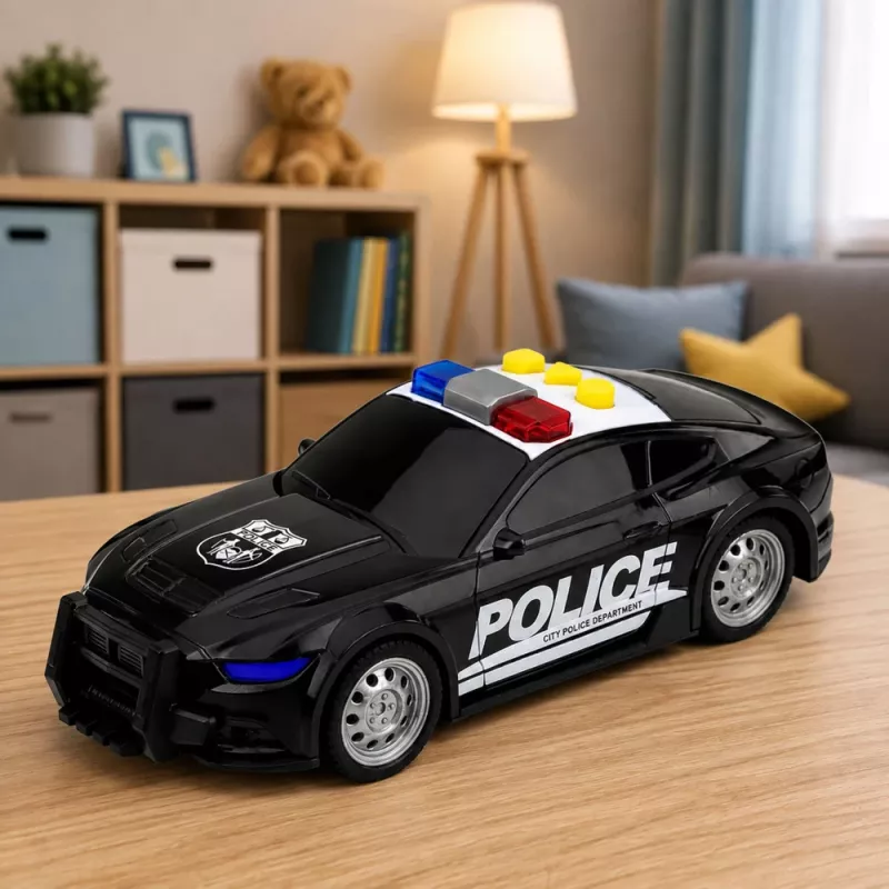 LEAN TOYS Police Car with Lights and Sounds, Black, 1:32 Scale