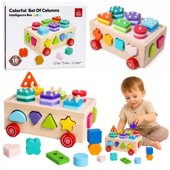 LEAN TOYS Wooden Montessori Educational Sorter on Wheels Shapes and Numbers