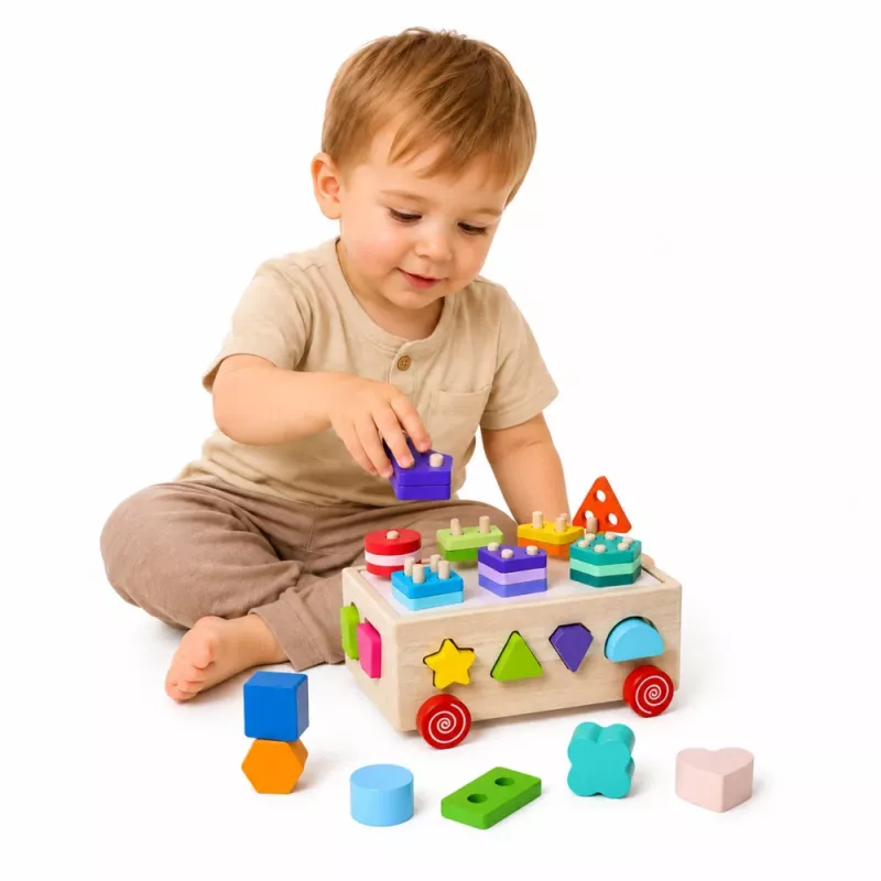 LEAN TOYS Wooden Montessori Educational Sorter on Wheels Shapes and Numbers