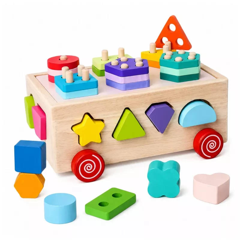 LEAN TOYS Wooden Montessori Educational Sorter on Wheels Shapes and Numbers