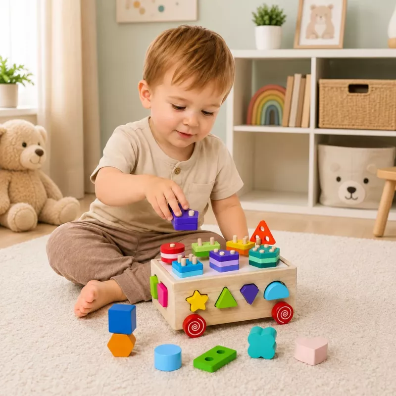 LEAN TOYS Wooden Montessori Educational Sorter on Wheels Shapes and Numbers
