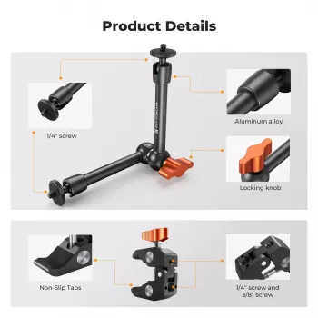 KF Magic Arm + Super Clamp Mounting Kit with 1/4 inch & 3/8 inch Threads, 15-55mm Jaw, Black