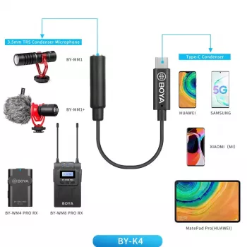 BOYA BY-K4 3.5mm TRS Female to USB-C Male Adapter Cable for Microphones (6cm, Black)