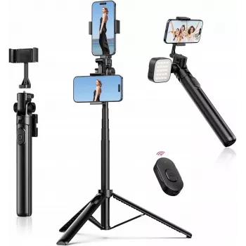 ULANZI MT-70 5-Section Aluminum Monopod Selfie Stick Tripod with Detachable Bluetooth Remote, Dual Phone Holders and 1/4 inch Screw, Extends to 880 mm, Black