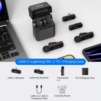 BOYA BY-V3 Combo 2.4GHz Wireless Microphone System with 2 Transmitters and 2 Receivers (Lightning & USB-C) - Black