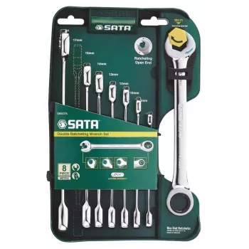 BAHCO ST08007ASJ 8-Piece Double Ratchet Combination Wrench Set, 8-19 mm, 72-Tooth, Chrome Vanadium, with Roll-Up Pouch