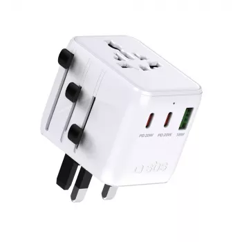 SBS Universal Travel Adapter with 2x USB-C PD 20W and 1x USB-A QC 18W, 35W Total, White