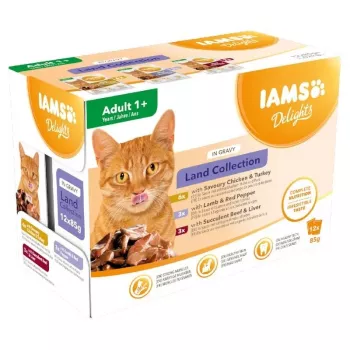 EUKANUBA IAMS DELIGHTS Land Collection in Gravy Wet Cat Food, 12 x 85g Pouches, Adult, Chicken, Lamb & Turkey