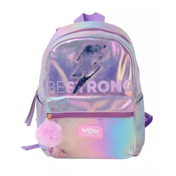 KIDS Holographic Iridescent School Backpack with Pompom Charm, Adjustable Padded Straps, 20L, Girls