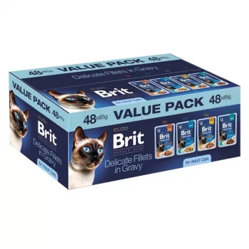Brit Delicate Fillets in Gravy for Adult Cats - 48x85g Multipack (Chicken, Beef, Turkey, Salmon)