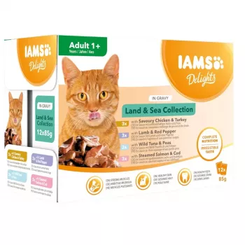 EUKANUBA IAMS DELIGHTS Land & Sea Collection in Gravy Wet Cat Food – 12x85g Pouches (Salmon & Cod, Chicken & Turkey, Lamb & Red Pepper)