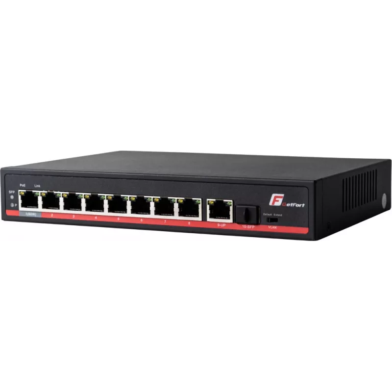 GETFORT GF-110-8PG-S-120 10-Port Gigabit PoE+ Switch with 8 PoE+ Ports, 1 Uplink, 1 SFP, 120W Budget, Unmanaged, Fanless, Desktop