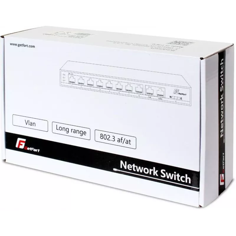 GETFORT GF-210D-8P-120 10-Port PoE+ Switch with 8 Fast Ethernet PoE Ports and 2 Gigabit Uplinks, 120W Budget, Unmanaged, Desktop/Wall Mount