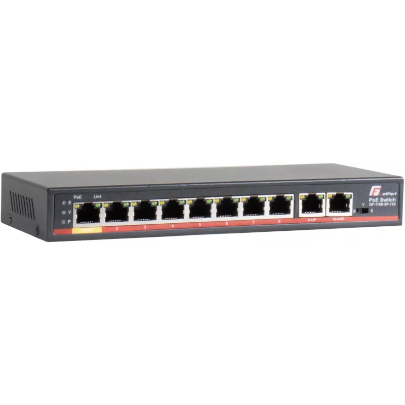 GETFORT GF-110D-8P-120 10-Port PoE+ Switch with 8 PoE Ports and 2 Uplink Ports, 120W Budget, Unmanaged, Desktop/Wall Mount