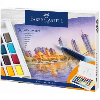Faber-Castell Creative Studio Watercolour Paint Set, 36 Colours in Solid Pans with Brush and Sponge, Mixing Palette in Lid, Student Grade, Transparent, Refillable, Portable Plastic Case