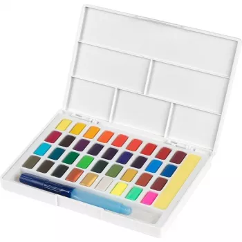 Faber-Castell Creative Studio Watercolour Paint Set, 36 Colours in Solid Pans with Brush and Sponge, Mixing Palette in Lid, Student Grade, Transparent, Refillable, Portable Plastic Case