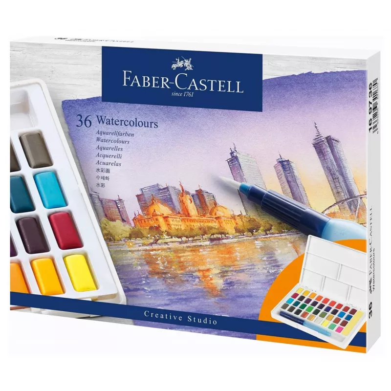 Faber-Castell Creative Studio Watercolour Paint Set, 36 Colours in Solid Pans with Brush and Sponge, Mixing Palette in Lid, Student Grade, Transparent, Refillable, Portable Plastic Case